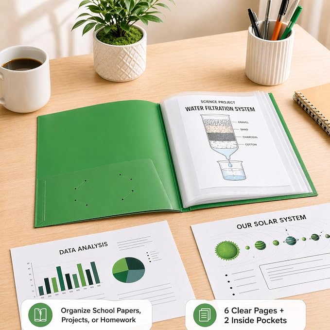 Ultra PRO - 50 Pack Green Heavy Duty 2-Pocket Folders with 6 Clear Internal Pages, Waterproof Poly Project Organizer for School and Office, Fits 8.5 x 11 Letter Size, Customizable Clear Covers
