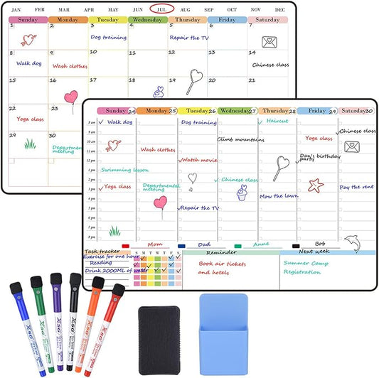 POPRUN 2 Pack Dry Erase Calendar 16.5" × 11", Weekly & Monthly Self Adhesive Planning Board with Time Slots for Wall Glass Wood, Home Office Organizer