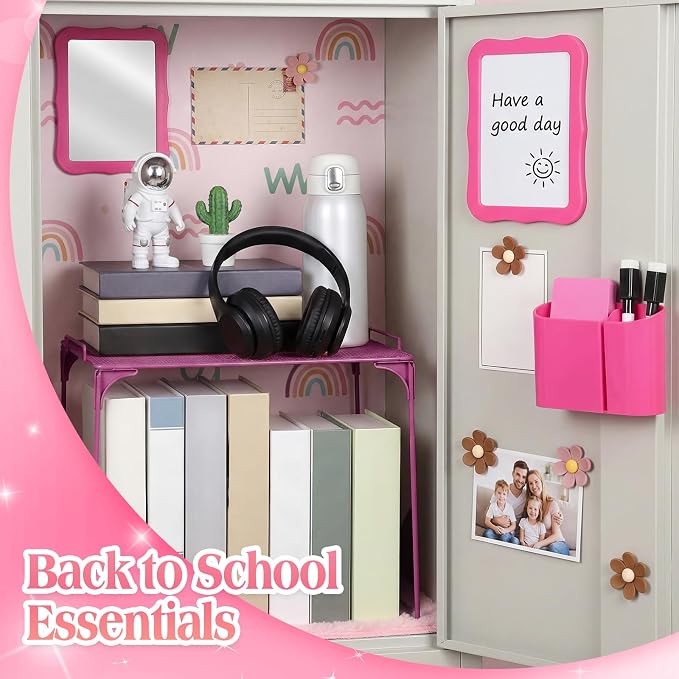 Colarr 16 Pcs Rose Red Locker Accessories for Girls Includes Magnetic Whiteboard & Mirror Locker Shelf Pen Holder 2 Dry Erase Marker & Eraser 9 Flowers for Back to School Essentials Decoration