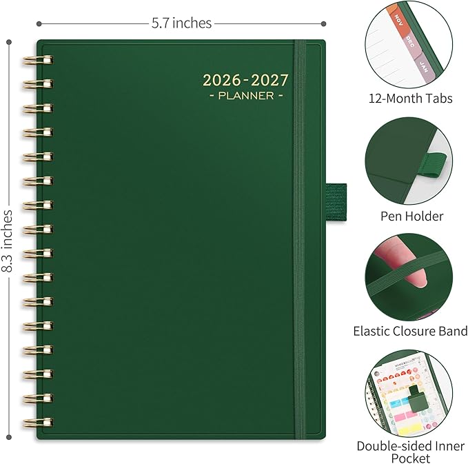 RETTACY Academic Planner 2026-2027, Weekly and Monthly, July 2026 - June 2027, Medium Size (5.7" x 8.3"), Calendar, Agenda, 12-Month Tabs, for Student, Teacher, School (Dark Green)