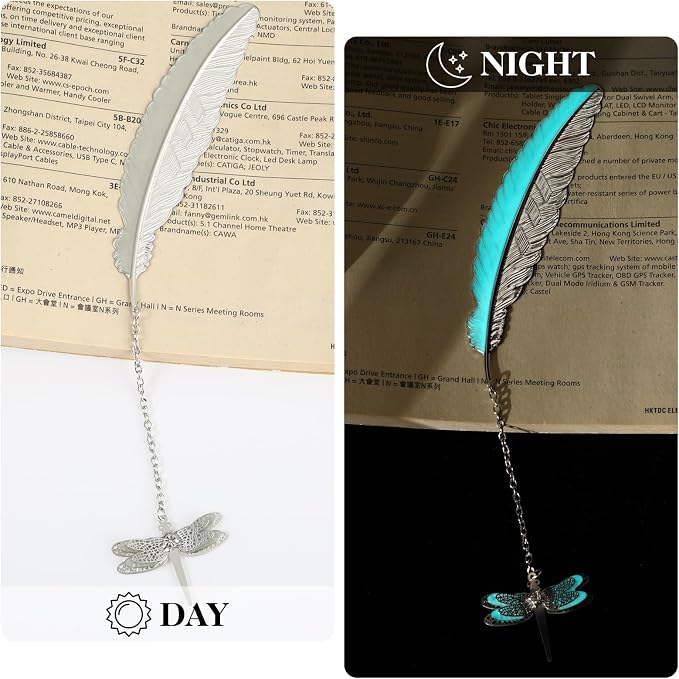 Jeffdad Feather Metal Bookmark with 3D Dragonfly Pendant, Glow in The Dark Butterfly, Fantasy Gifts for Women Girls, Cool Bookmarks for Book Lovers (Silver Dragonfly)