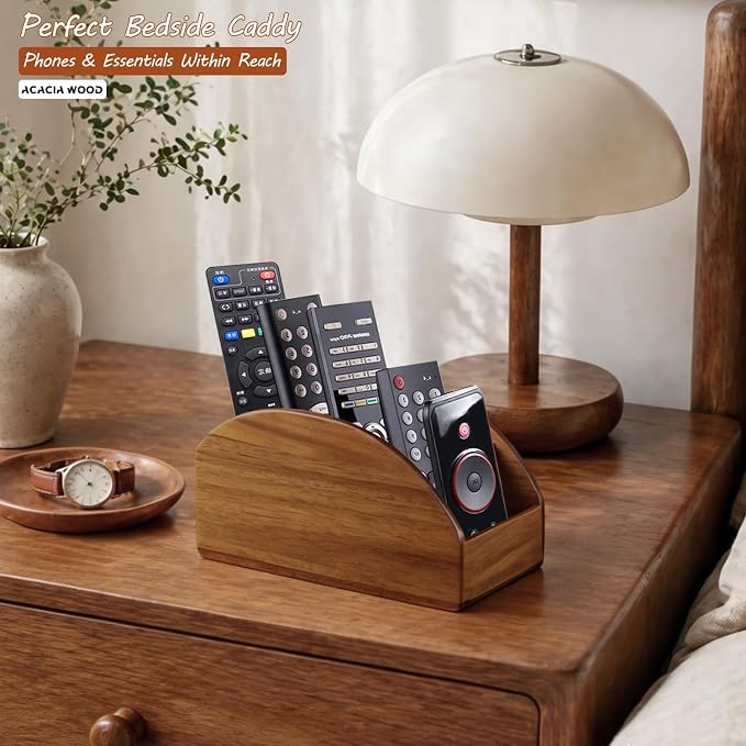 BIBELUN Large TV Remote Control Holder, Rustic Wood Nightstand Remote Caddy with 5 Compartments, Entryway Table Storage Box Organizer for Phones, Controllers, Media Player, Office Supplies, Home Décor