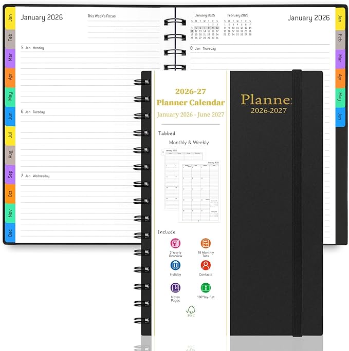 2026 Weekly and Monthly Planner Calendar - from January 2026 - June 2027, 5.7" x 8.3" Daily Agenda Planner with 18 Monthly Laminated Tabs, Flexible Cover, Note Pages, Bookmark, Wirebound, Black