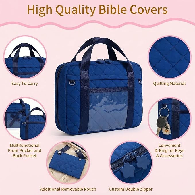 Quilted Bible Cover for Women, Zippered Bible Case with Handle, Bible Organizer Bag w/Multiple Pockets & Pen Slots Lightweight Bible Tote Bag for Church Study, Gifts for Women (Navy Blue)