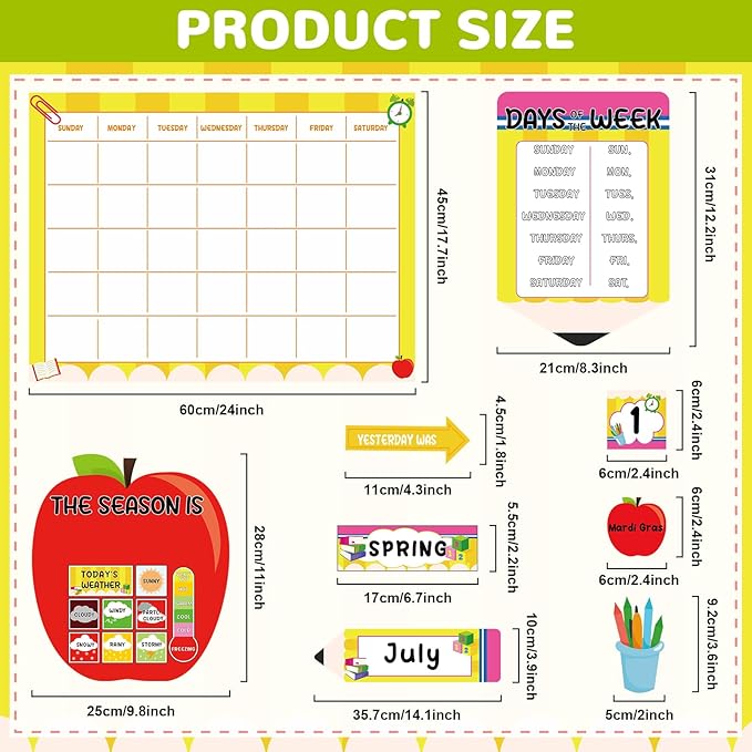 Back to School Calendar Bulletin Board Set for Classroom Decoration Colorful Pencil Apple Calendar Seasons Weather Chart Pencil CTP Bulletin Board Paper-Cuts for Teachers Elementary School Classroom