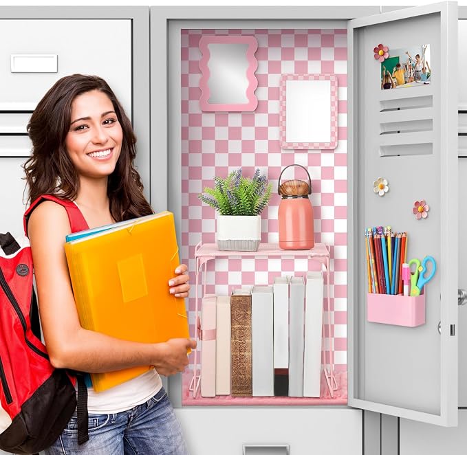 Eaasty 16 Pcs Locker Accessories Kit for Locker Organizer Shelf Checkerboard Wallpaper Magnetic Whiteboard Magnet Mirror Dry Eraser Marker Rug Flower Magnets Back to School Party (Pink Checkered)