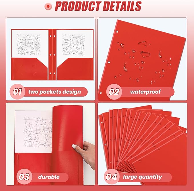 Yeaqee 100 Pcs Plastic Folders with Pockets Bulk 3 Hole Punched 2 Pocket File Folders for 3 Ring Binder Divider Folder for Notebooks, Durable Poly for Office Home (Red)