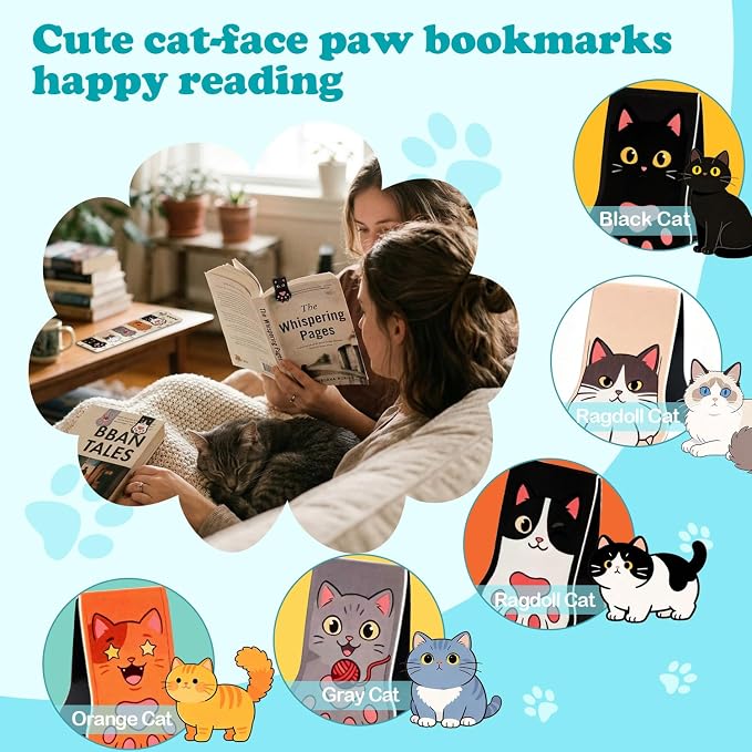 10PCS Kawaii Cat Paw Magnetic Bookmarks with, Adorable Cat Face Page Holders, Funny Reading Accessories for Teachers Book Lovers Office Gifts，Unique Gifts for Women(Mixed Colors)
