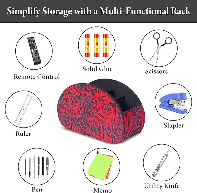 QIELIZI Remote Control Holder, PU Leather Remote Caddy Desktop Organizer with 5 Spacious Compartments for TV Remotes/Media Controllers/Office Supplies (1-3D Rose Red