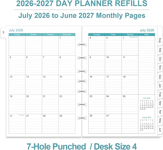 2026-2027 Planner Refills - One Page Per Day Daily ＆ Monthly Planner, July 2026-June 2027, 7-Hole Punched，Prioritized, To-Do List, Notes, Appointment Schedule, Desk Size 4, 5.8" x 8.3"