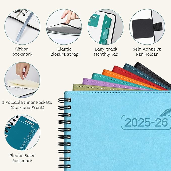 BEZEND 2 Year Monthly Planner 2025-2026 Medium Size 7" x 9" (Jan 2025 - Dec 2026) Spiral Calendar Book with Tabs, 120 GSM Thick Paper, Storage Pockets & Notes, PU Leather Softcover in Black