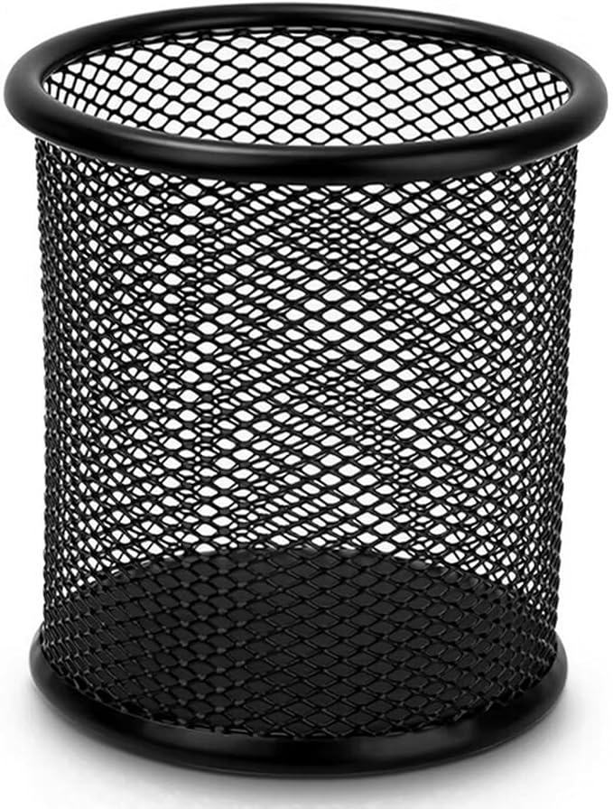 Wire Mesh Pen Cup, Black Metal Pencil Holder, Round Stationary Pen Stand Organizer for Desk Office Pen Storage, ‎3.5" x 3.9"