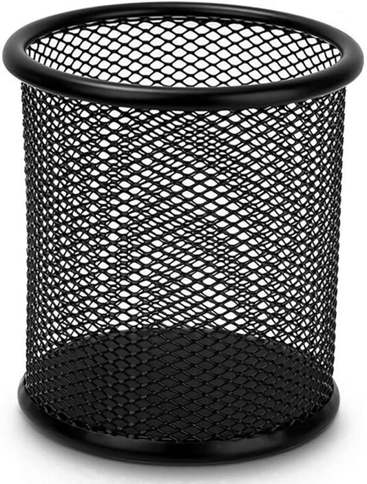 Wire Mesh Pen Cup, Black Metal Pencil Holder, Round Stationary Pen Stand Organizer for Desk Office Pen Storage, ‎3.5" x 3.9"