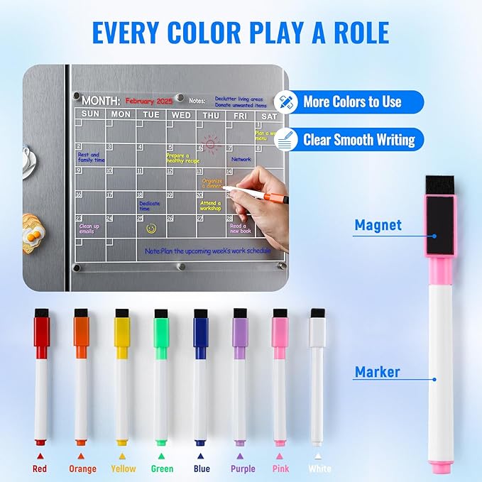 Magnetic Acrylic Calendar for Fridge, 2 Pack Clear Dry Erase Board for Refrigerator, Monthly Planner and Weekly Planner with 8 Colorful Markers, Meal Planner Menu Board for Fridge -14.5''*11.5‘’
