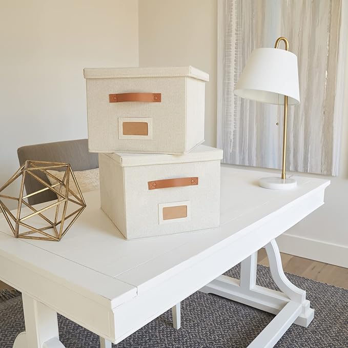 Decorative File Organizer Box Set of 2 - Collapsible Linen Filing Cabinets with Handles Are Perfect to Store All Your Documents & Hanging File Folders - Portable Easy Slide Office Crates with Lid