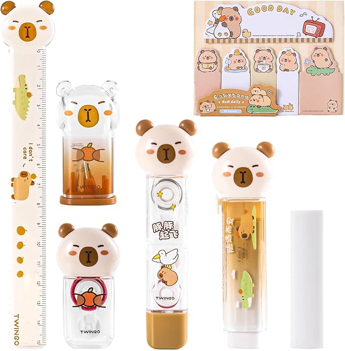 7Pcs Cute Capybara Stationary Set Kawaii School Supplies Japanese Stationery, Includes Pencil Sharpener, Eraser, Correction Tape, Glue Tape, Sticky Notes, Ruler, for Office School Supplies