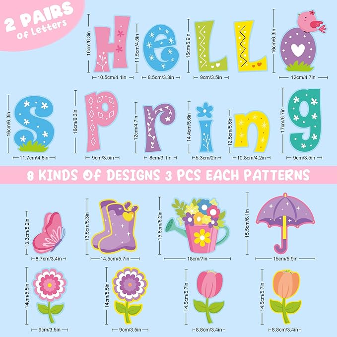 Hello Spring Flower Cut Outs for Spring Bulletin Board Decorations for Classroom with 100Pcs Glue Points,Spring Floral Classroom Decorations for Kindergarten School Spring Party Supplies (46Pcs)