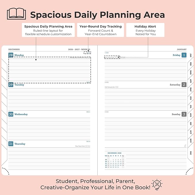 Weekly Monthly 2026-2027 Planner (July 26-Dec 27),8.5"x6.5",18 Months Agenda Plan with Month Tabs & Pocket,Expenses/Note Pages, Academic Calendar with Vegan Leather Cover,Pink