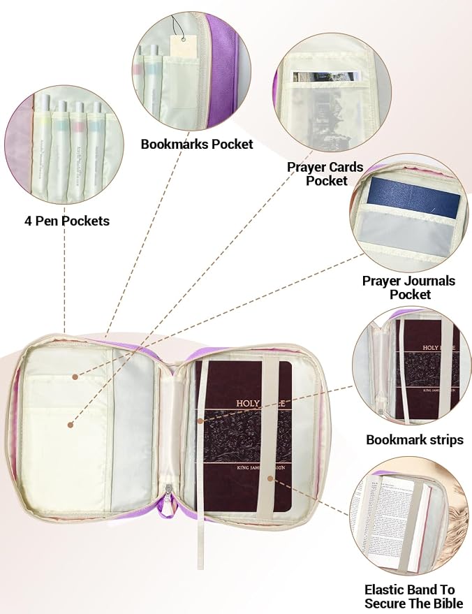 Bible Cover Case for Women, Large Bible Book Cover with Zippered Pockets for Study Accessories, Bible Tote Bag for Church, Study, Travel, for Women Lady Teen Girls Purple