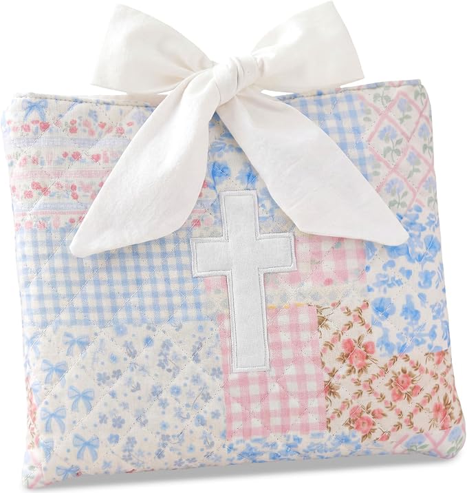 Honoson Quilted Bow Bible Sleeve Cover Case Padded Protector Washable Bible Bag Pouch Christian Gift for Women Girls Book Lover Gifts(Blue Floral Patchwork Cross)