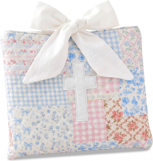Honoson Quilted Bow Bible Sleeve Cover Case Padded Protector Washable Bible Bag Pouch Christian Gift for Women Girls Book Lover Gifts(Blue Floral Patchwork Cross)