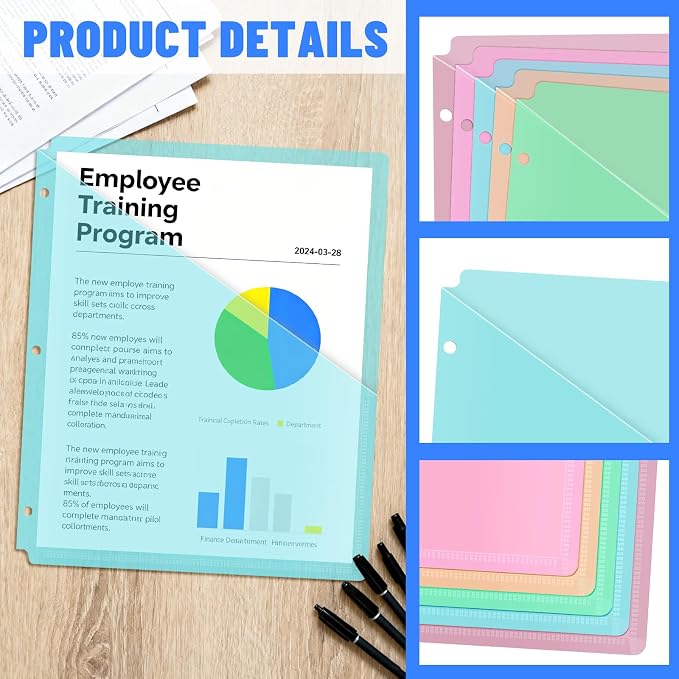 15 Pack 3 Hole Punch Colored Plastic Document Folders, Poly Translucent Slash File Jackets, US Letter/A4 Size 20C (2mm) Clear Pocket File Folders, Copy Safe Plastic Document Sleeves