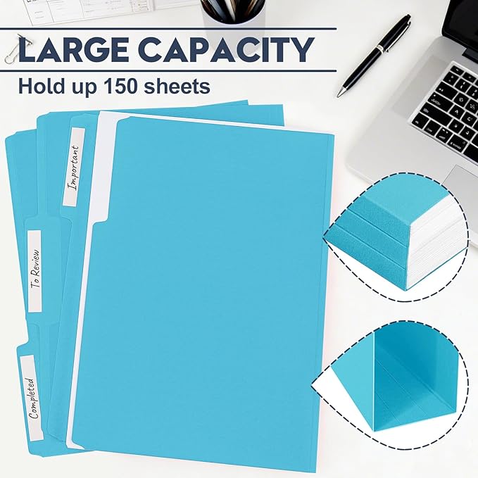 File Folders,Colored File Folders Letter Size 8.5" x 11",150 Pack 1/3 Cut Tab Bulk Durable Paper Folders with Blank Labels,File Folder for Office Business School Home Use,Lake Blue