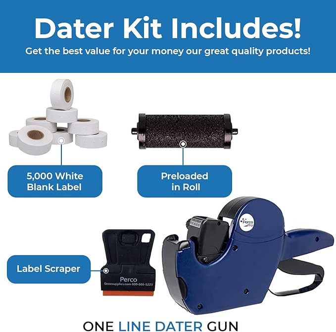 Perco Pro 1 Line Date Label Gun Kit, Includes 8 Digits Date Gun Labeler, 10,000 Plain White Labels, and Preloaded Inker Bundled w Perco Ink Roll for Perco Pro 1 Line & Perco Pro 2 Line Perco Labelers
