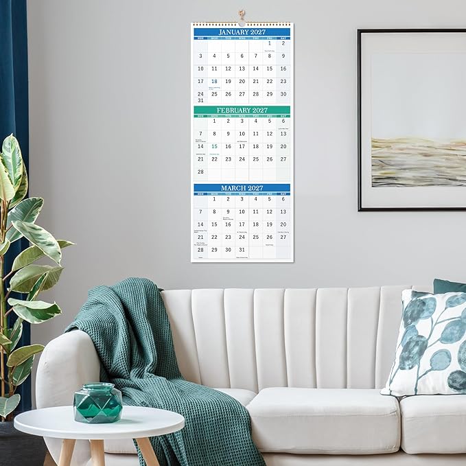 Wall Calendar 2026-2027 - 3 Month Calendar Vertical, April 2026 to June 2027, Calendar 2026-2027 with Large Blocks, 11'' x 26'' (Open)