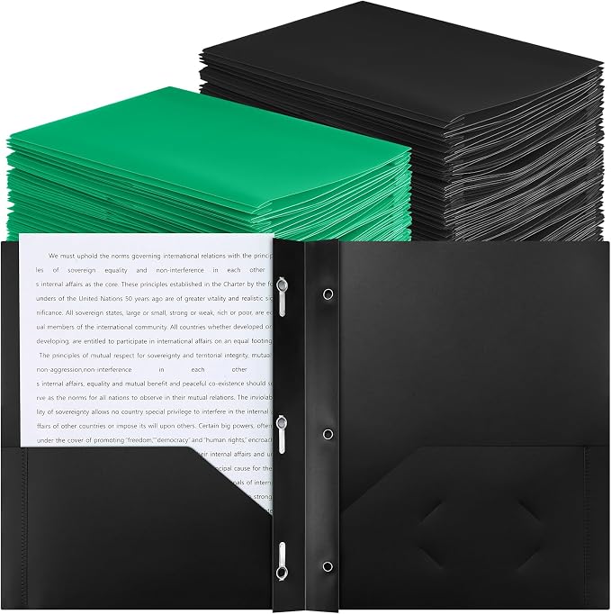 Cholemy 72 Packs Pocket Folders with Prongs Heavy Duty Plastic Folder with Business Card Slot 3 Prong Fasteners for School Office (Black,Green)