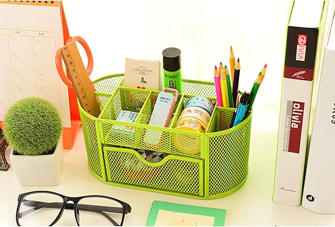 VANRA Metal Mesh Desk Supply Caddy Desktop Office Supplies Organizer Supply Holder 8 Compartments with Drawer (Green)