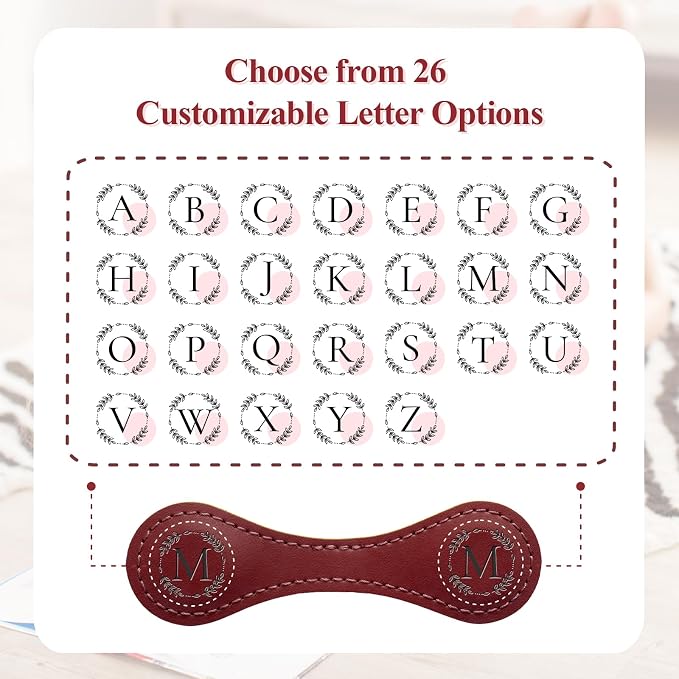 Personalized Leather Magnetic Bookmark with Pen Holder – Custom Initial Design for Readers（RED-B）