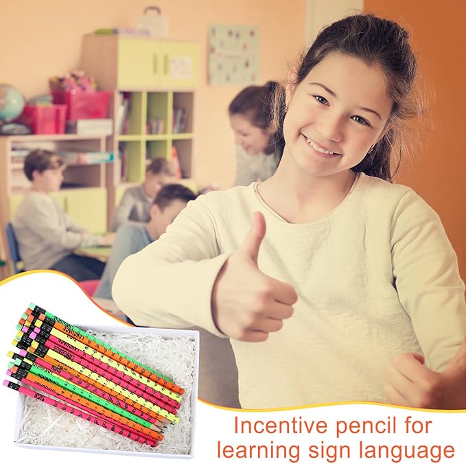 Affrolling 144 Pcs Sign Language Pencils Sign Language Gifts Colorful Wooden Pencil with Eraser Incentive Pencil for Learning Sign Language, 4 Colors