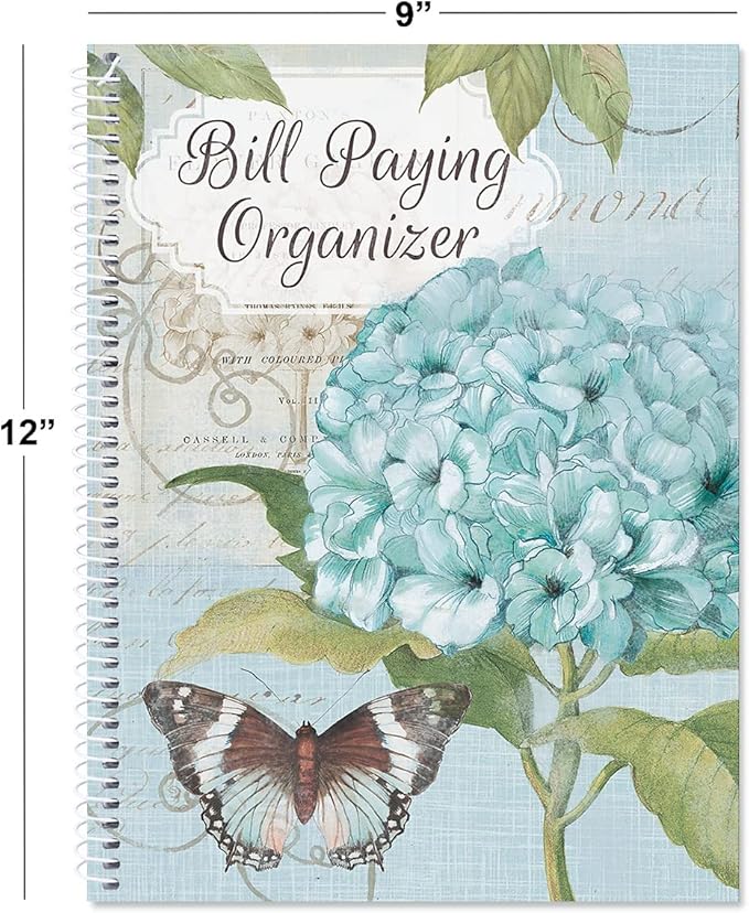 Current Hydrangea Bill Paying Organizer Book - 9" x 12” Personal Account Book, Spiral Bound, 14 Storage Pockets, 32 Label Stickers, Monthly Finance & Payment Management Tracker for Home & Office