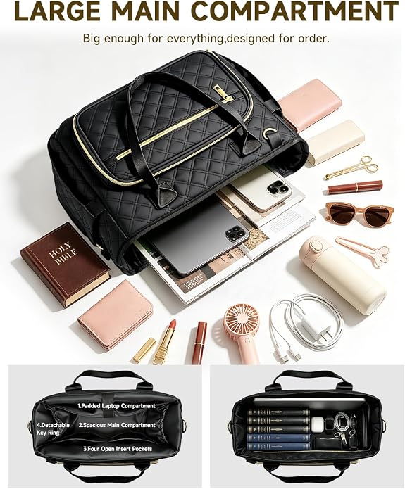 Bible Bag with Bible Cover Case for Women, Large Quilted Bible Tote Bag with Shoulder Strap