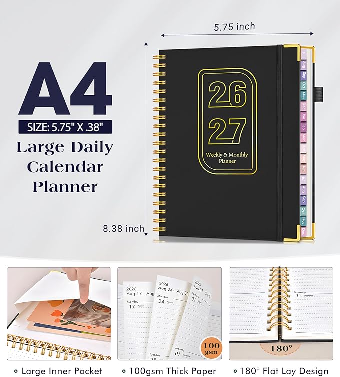 Academic Planner 2026-2027, 18 Months Weekly and Monthly Hardcover Planner, July 2026 - December 2027, 8.5" x 11" A4 Large Daily Calendar Planner Book with Tabs, Spiral College School Agenda Organizer for Student Teacher, Black