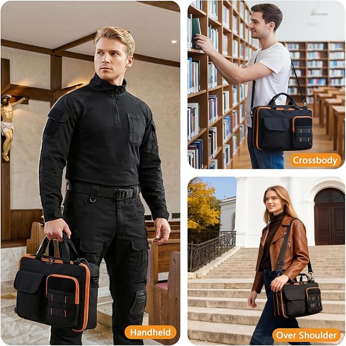 ZHIERNA Tactical Bible Cover for Men, Double Layer Large Bible Case Church Bag with Multiple Pockets, Bible Carrying Case for Women with Top Handle and Shoulder Strap
