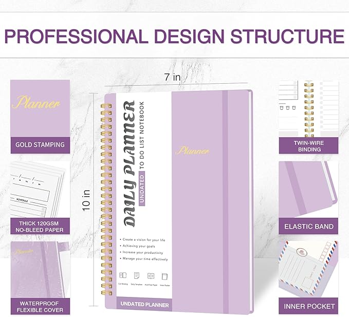 Daily Planner Undated, To-Do List Notebook with Hourly Schedule, Spiral Appointment Organizer Calendar for Man / Women, Flexible Cover, Twin-Wire Binding Elastic Closure, Pocket Pen Loop, 160 Pages