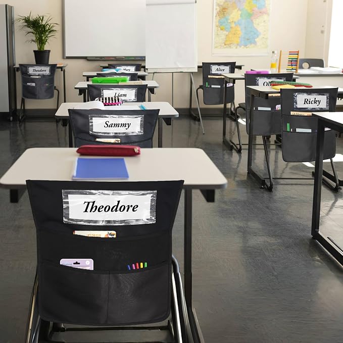 12 Pack Black Chair Pockets for Classrooms, Chair Pocket with 3 Heavy Duty Storage Pocket, Chair Back Buddy Pocket with Name Tag Slot, Ideal Back to School Supplies, Classroom Must Haves (Black)