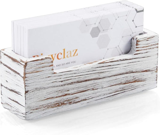Bivvclaz Business Card Holder Desk, White Washed Wood Business Card Organizer Desktop Business Card Display Stand for Office Tabletop Exhibition, Small Business Essentials