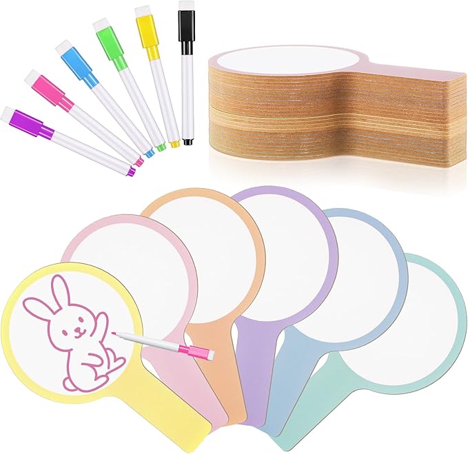 Henoyso 48 Pcs Dry Erase Answer Paddle with Markers Handheld Double Sided Paddles Colorful Flip Answer Dry Erase Paddles White Boards for Students Kids Score Boards Teacher(Round Simple)