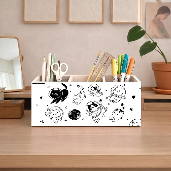 Space Cat Desk Organizer Wooden Pen Pencil Holder for Desk, 3 Compartments Office Accessories, Cute Astronaut Cat Decor, Funny Cat Lover Gifts for Women Kids Home Office Storage