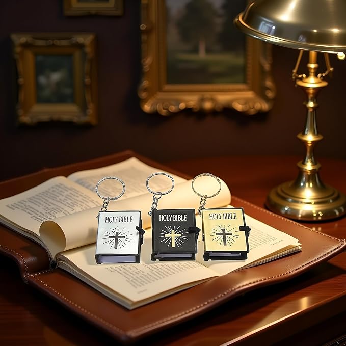 Jowxsx 3 Pcs Bible Keychain,Miniature Real Bible Key Chains Keyrings Handbag Pendant Xmas Gift Religious Favors Black Silver Gold Bible Covers, Book and Bible Covers