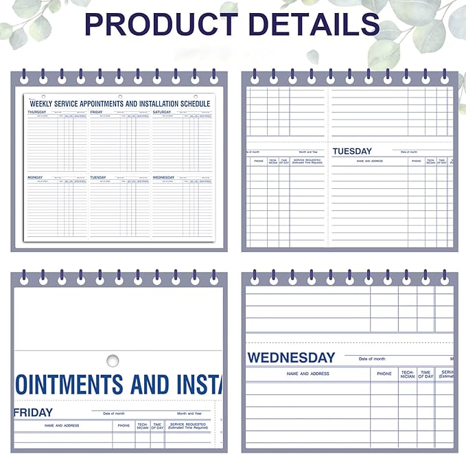 Weekly Service Appointment Schedule Pad 22 x 17 Desk Planner - Installation Scheduling Notepad, Technician Work Schedule Desk Pad, Perforated Office Appointment Log - 2 Pad (52 Sheets Per Pad)