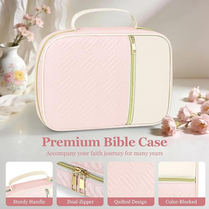 Ndsox Bible Cover Case with Handle for Women, Quilted Fabric & Vegan Leather Carrying Book Case Church Bag Bible Study Supplies Accessories Christian Gifts for Mother Lady Women Men, White & Pink