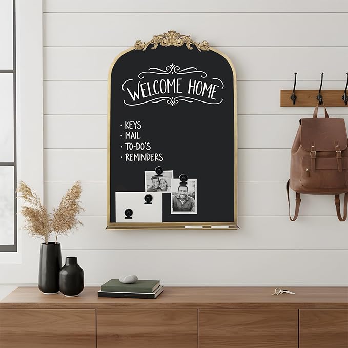 Vintage Magnetic Arch Chalkboard with Shelf - 24"x36" Decorative Wall Mounted Ornate Gold Framed Blackboard with Chalk, Clips & Cloth - Elegant Wedding Sign & Kitchen Menu Home Decor
