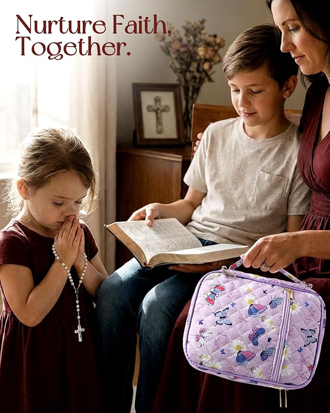 Miss Adola Bible Cover Case for Women - Quilted Bible Carrying Case Organizer Study Bag with Zipper Handle and Shoulder Strap Purple Butterflies Book Cover for Teen Girls