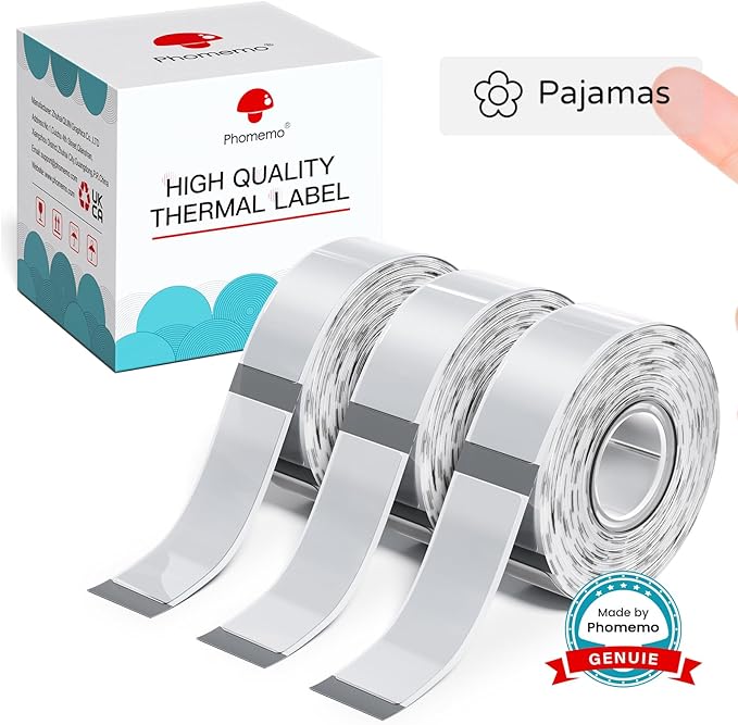 Phomemo Labels D30 Label Tape, Black on Clear Print Master Labels Refill Name Label, Sticker Thermal Paper Self-Adhesive, 12 x 40 mm (0.47 x 1.57 Inch) 160 Tapes/Roll, 3-Roll for Kids School Items
