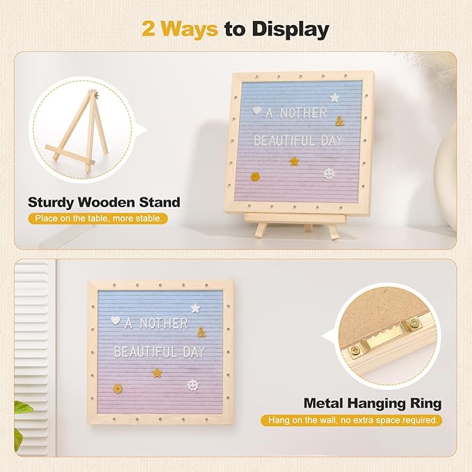 Lewondr Felt Letter Board, 10"×10" Wooden Letter Board Sign, Changeable Message Board with 20 LED Lights & 340 Letters, Pregnancy Baby Announcement Sign, First School Day Board, Colorful