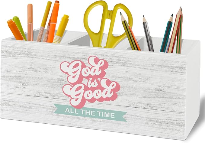 Inspirational Christian Pen Pencil Holder Organizer for Desk Accessories, God Is Good Bible Verse Religious Wooden Box Sign Desk Decor for Home Office Decoration, Christian Gifts for Women